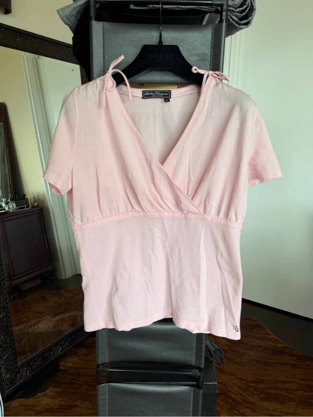 Salvatore Ferragamo Light Pink Short-Sleeve Tie-Shoulder V-Neck Top
